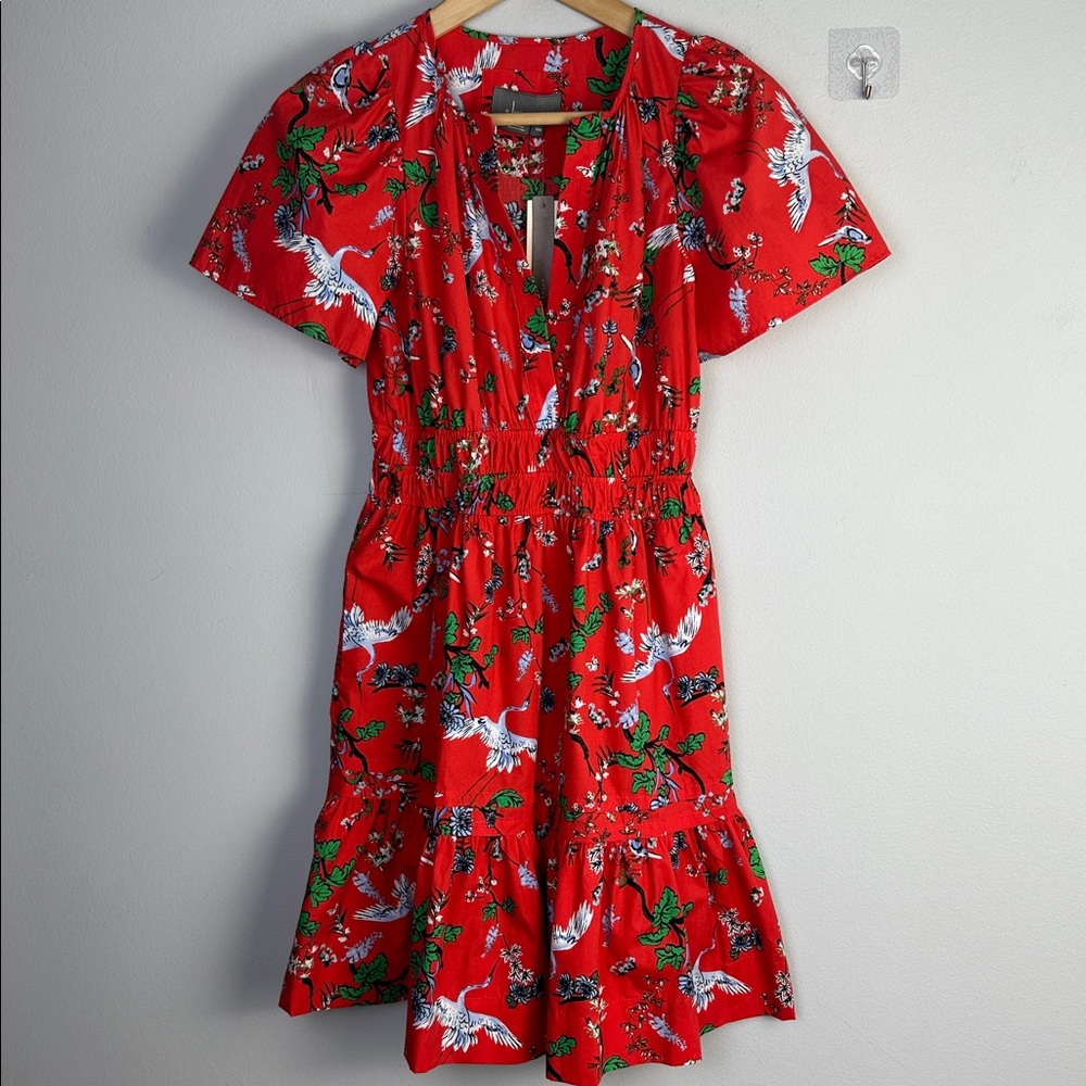 NEW Anthropologie Somerset Mini Cotton Dress Red Bird Floral Print Pockets XXS - Picture 2 of 16